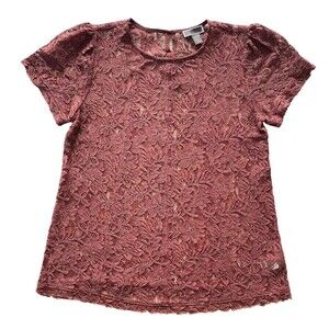 Chelsea 28 Floral Lace Blouse Womens XS Dusty Mauve Pink Short Sleeve Button Bk